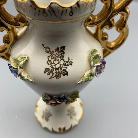 Vintage Elpa Alcobaca Gold Trimmed Floral Bud Vase Made in Portugal 6" High - Picture 4 of 13